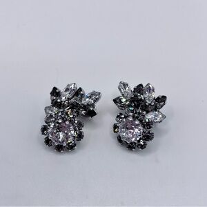 Vintage Austria Rhinestone Clip-On Earrings Crystal Cluster Aurora Borealis 1”